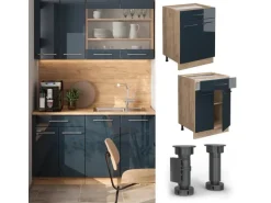 Vicco Küchenunterschrank Fame-Line Dunkelblau Hochglanz/Goldkraft Eiche 60 cm mit Schublade AP Eiche