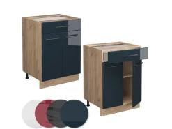 Vicco Küchenunterschrank Fame-Line Dunkelblau Hochglanz/Goldkraft Eiche 60 cm mit Schublade AP Eiche