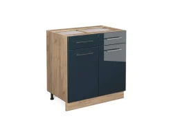 Vicco Küchenunterschrank Fame-Line Dunkelblau Hochglanz/Goldkraft Eiche 80 cm ohne Arbeitsplatte