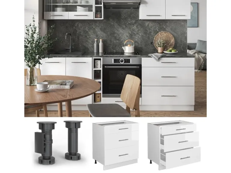 Vicco Küchenunterschrank Fame-Line Weiß Hochglanz/Weiß 80 cm mit 3 Schubladen ohne Arbeitsplatte