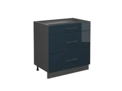 Vicco Küchenunterschrank Fame-Line Dunkelblau Hochglanz/Anthrazit 80 cm mit 3 Schubladen AP Eiche