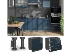 Vicco Küchenunterschrank Fame-Line Dunkelblau Hochglanz/Anthrazit 80 cm mit 3 Schubladen AP Eiche