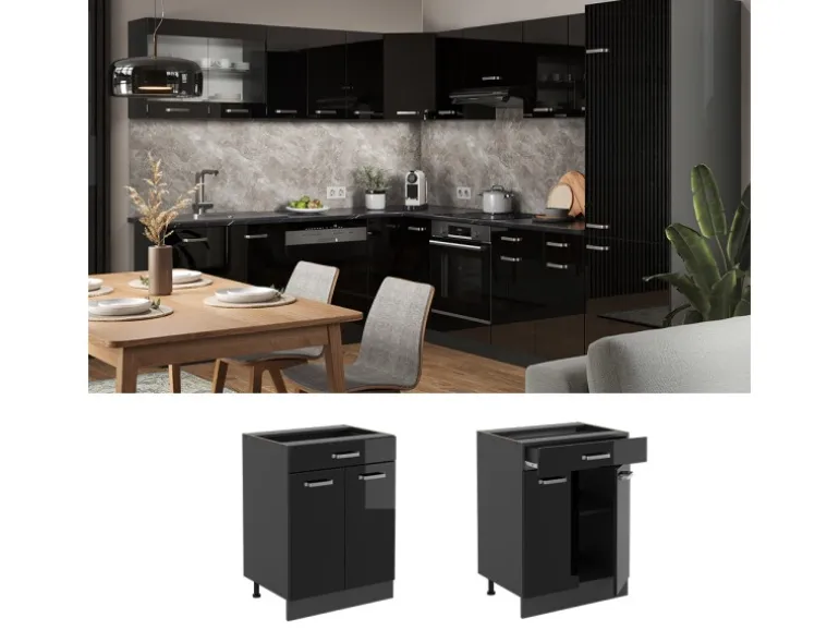 Vicco Küchenunterschrank R-Line Schwarz Hochglanz 60 cm mit Schublade ohne Arbeitsplatte mit Anthrazit Korpus