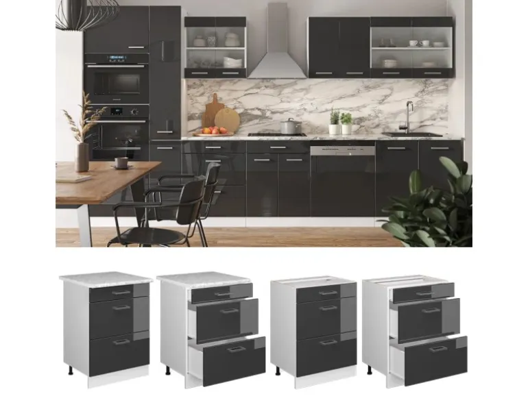 Vicco Küchenunterschrank R-Line Anthrazit Hochglanz/Weiß 60 cm mit Schubladen ohne Arbeitsplatte