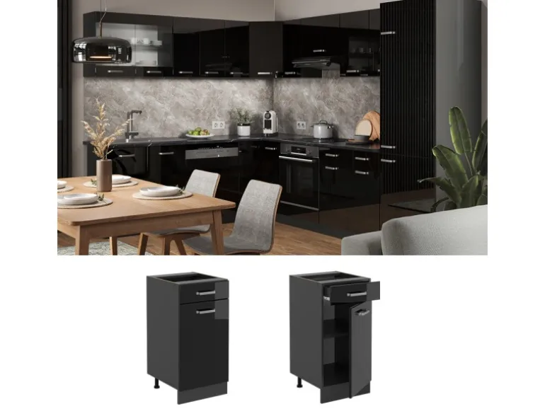 Vicco Küchenunterschrank R-Line Schwarz Hochglanz/Anthrazit 40 cm AP Eiche