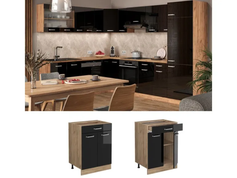 Vicco Küchenunterschrank R-Line Schwarz Hochglanz/Goldkraft Eiche 60 cm mit Schublade AP Eiche