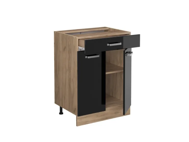 Vicco Küchenunterschrank R-Line Schwarz Hochglanz/Goldkraft Eiche 60 cm mit Schublade AP Eiche