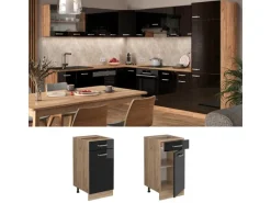 Vicco Küchenunterschrank R-Line Schwarz Hochglanz/Goldkraft Eiche 40 cm AP Eiche