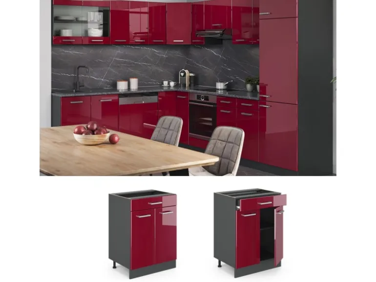 Vicco Küchenunterschrank R-Line Bordeaux Hochglanz/Anthrazit 60 cm mit Schublade ohne Arbeitsplatte