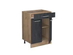 Vicco Küchenunterschrank R-Line Schubladenschrank für die Küche Schwarz Beton 60 cm AP Anthrazit mit Goldkraft Eiche Korpus