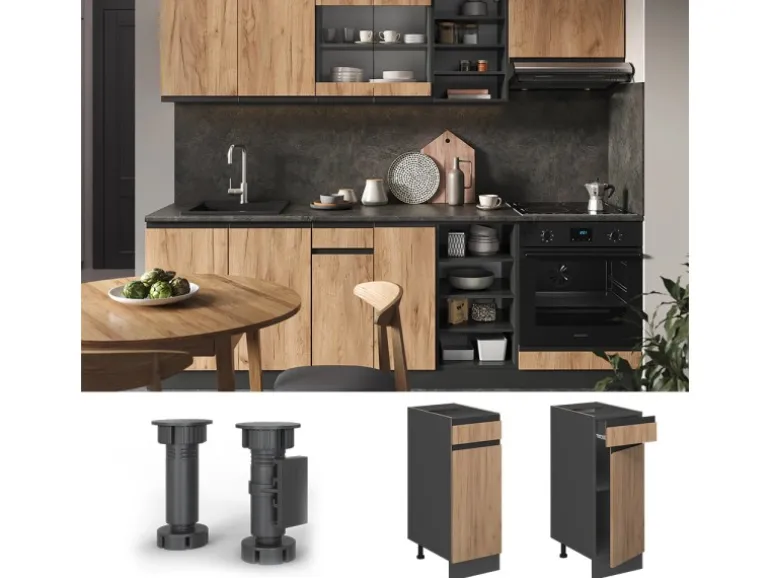 Vicco Küchenunterschrank R-Line Goldkraft Eiche/Anthrazit 30 cm J-Shape ohne Arbeitsplatte