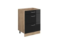 Vicco Küchenunterschrank R-Line Schwarz Hochglanz/Goldkraft Eiche 60 cm mit Schubladen ohne Arbeitsplatte