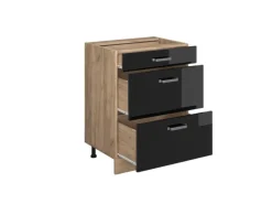 Vicco Küchenunterschrank R-Line Schwarz Hochglanz/Goldkraft Eiche 60 cm mit Schubladen ohne Arbeitsplatte