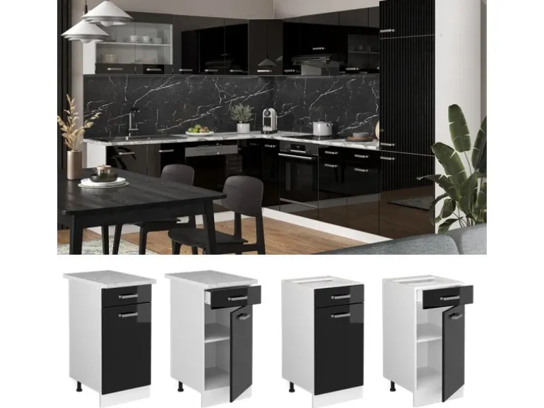 Vicco Küchenunterschrank R-Line Schwarz Hochglanz/Weiß 40 cm AP Eiche