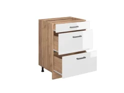 Vicco Küchenunterschrank R-Line Weiß Hochglanz/Goldkraft Eiche 60 cm mit Schubladen ohne Arbeitsplatte