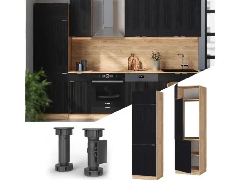 Vicco Kühlumbauschrank Fame-Line Hochschrank für die Küche Schwarz Gestreift 60 cm