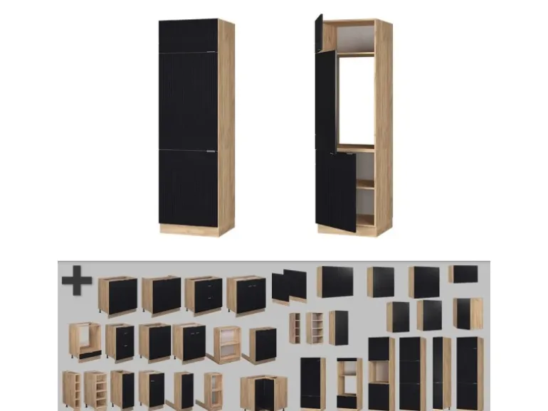 Vicco Kühlumbauschrank Fame-Line Hochschrank für die Küche Schwarz Gestreift 60 cm