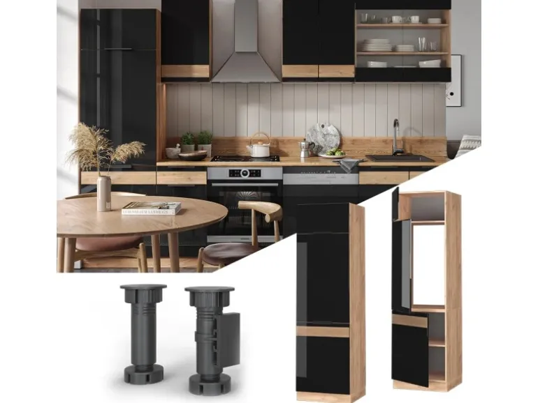 Vicco Kühlumbauschrank Fame-Line Schwarz-Eiche Hochglanz/Goldkraft Eiche 60 cm