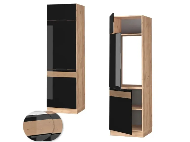 Vicco Kühlumbauschrank Fame-Line Schwarz-Eiche Hochglanz/Goldkraft Eiche 60 cm