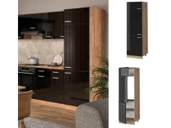 Vicco Kühlumbauschrank R-Line Schwarz Hochglanz/Goldkraft Eiche 60 cm