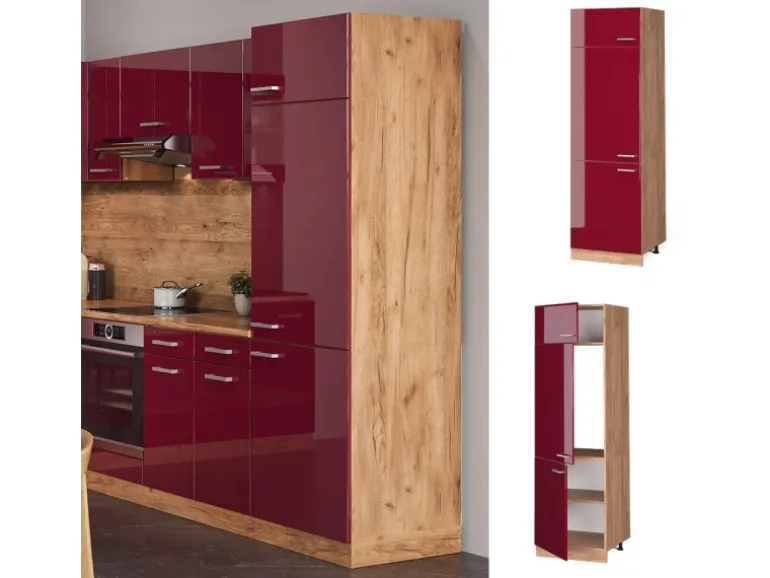 Vicco Kühlumbauschrank R-Line Bordeaux Hochglanz/Goldkraft Eiche 60 cm