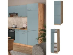 Vicco Kühlumbauschrank R-Line Hochschrank für die Küche Blau-Grau/Goldkraft Eiche 60 cm