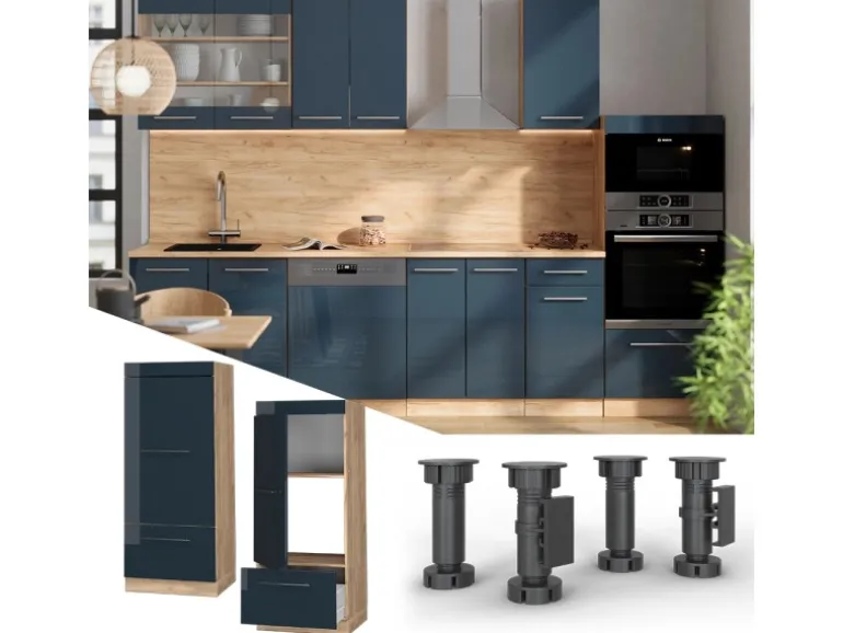 Vicco Mikrowellenschrank Fame-Line Dunkelblau Hochglanz/Goldkraft Eiche 60 cm