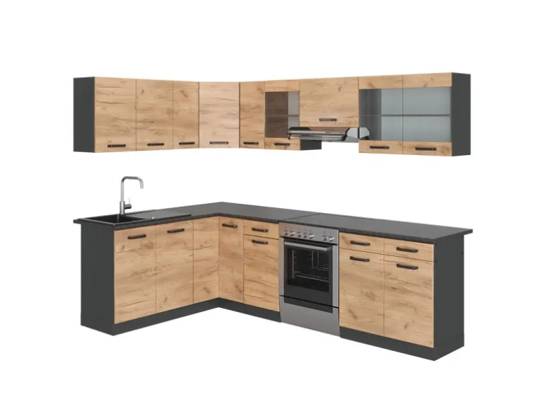 Vicco Rick Eckküche Anthrazit/Goldkraft Eiche 267 x 167 cm AP SchwarzRick ohne E-Geräte