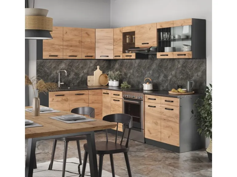 Vicco Rick Eckküche Anthrazit/Goldkraft Eiche 267 x 167 cm AP SchwarzRick ohne E-Geräte