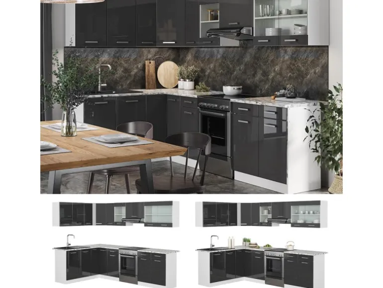Vicco Rick Eckküche Weiß/Anthrazit Hochglanz 267 x 167 cm AP MarmorRick ohne E-Geräte