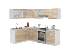 Vicco Rick Eckküche Weiß/Sonoma 247 x 167 cm AP Marmor mit LED-LeistenRick ohne E-Geräte