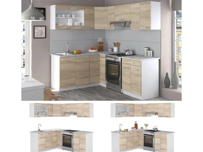 Vicco Rick Eckküche Weiß/Sonoma 207 x 167 cm AP MarmorRick ohne E-Geräte