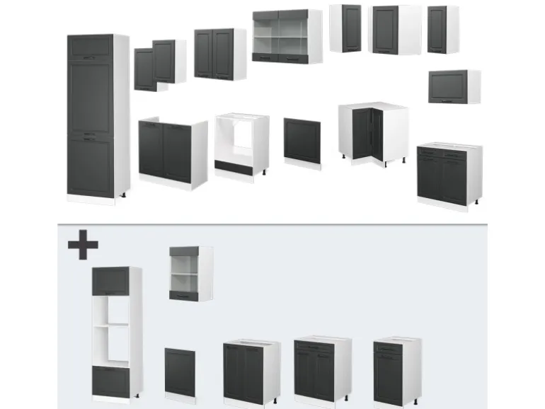 Vicco R-Line Eckküche Anthrazit Landhaus/Weiß 227 x 287 cm AP Marmor ohne E-Geräte