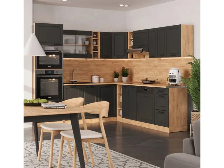 Vicco R-Line Eckküche Anthrazit Landhaus/Goldkraft Eiche 237 x 247 cm AP Eiche ohne E-Geräte