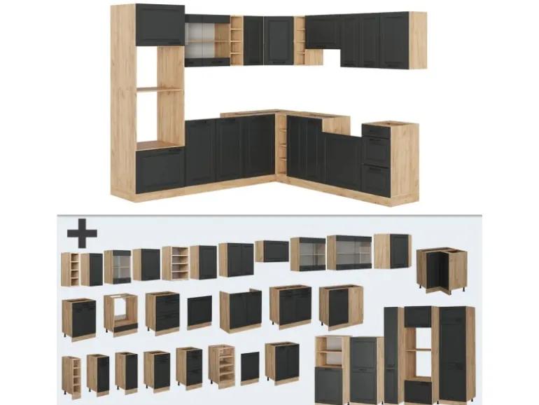 Vicco R-Line Eckküche Anthrazit Landhaus/Goldkraft Eiche 237 x 247 cm AP Eiche ohne E-Geräte