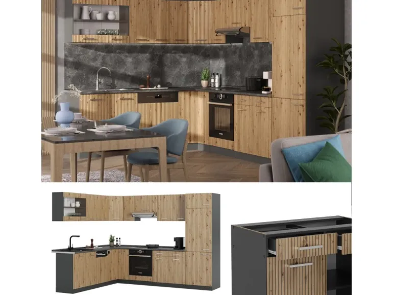 Vicco R-Line Eckküche Artisan Eiche/Anthrazit 227 x 287 cm AP Eiche ohne E-Geräte