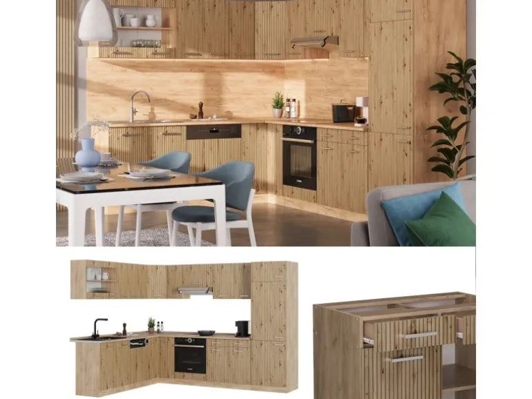 Vicco R-Line Eckküche Artisan-Eiche/Goldkraft Eiche 227 x 287 cm AP Marmor ohne E-Geräte