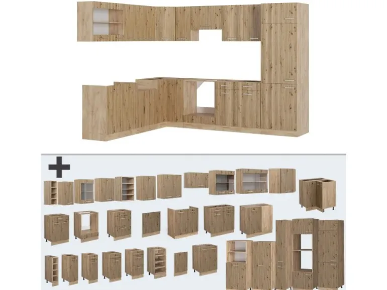 Vicco R-Line Eckküche Artisan-Eiche/Goldkraft Eiche 227 x 287 cm AP Marmor ohne E-Geräte