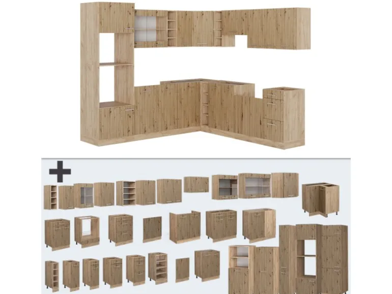 Vicco R-Line Eckküche Artisan-Eiche/Goldkraft Eiche 237 x 247 cm AP Marmor ohne E-Geräte