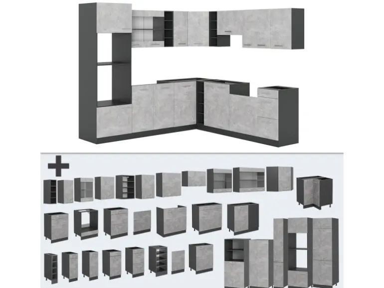 Vicco R-Line Eckküche Beton/Anthrazit 237 x 60 cm ohne Arbeitsplatte ohne E-Geräte