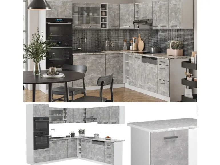 Vicco R-Line Eckküche Beton/Weiß 237 x 247 cm AP Eiche ohne E-Geräte