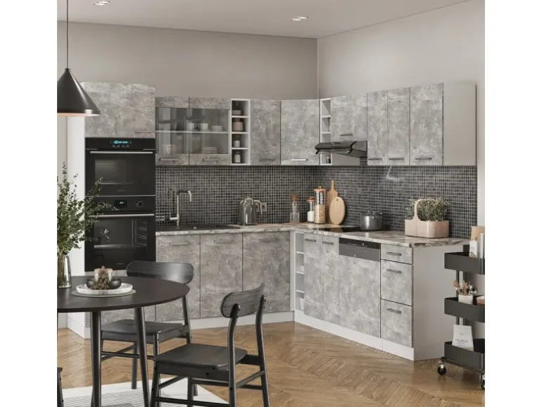 Vicco R-Line Eckküche Beton/Weiß 237 x 60 cm ohne Arbeitsplatte ohne E-Geräte