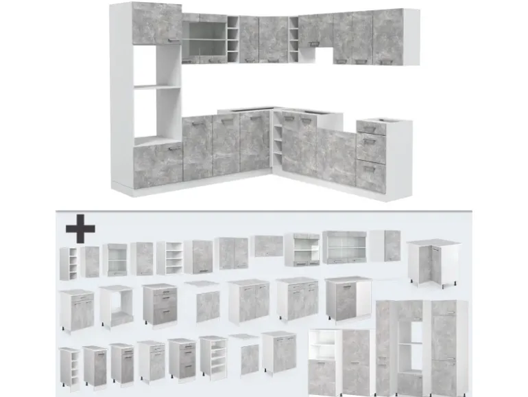 Vicco R-Line Eckküche Beton/Weiß 237 x 60 cm ohne Arbeitsplatte ohne E-Geräte