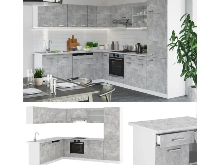 Vicco R-Line Eckküche Beton 227 x 287 cm ohne Arbeitsplatte ohne E-Geräte