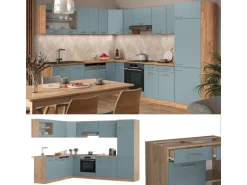 Vicco R-Line Eckküche Blau-Grau/Goldkraft Eiche 227 x 287 cm AP Marmor ohne E-Geräte