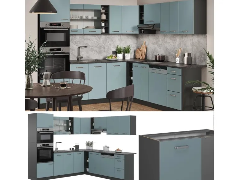 Vicco R-Line Eckküche Blau-Grau/Anthrazit 237 x 247 cm AP Eiche ohne E-Geräte