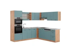 Vicco R-Line Eckküche Blau-Grau/Goldkraft Eiche 237 x 247 cm AP Marmor ohne E-Geräte