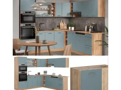 Vicco R-Line Eckküche Blau-Grau/Goldkraft Eiche 237 x 247 cm AP Marmor ohne E-Geräte