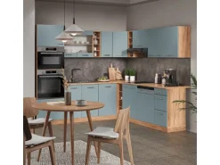 Vicco R-Line Eckküche Blau-Grau/Goldkraft Eiche 237 x 247 cm AP Marmor ohne E-Geräte