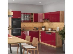 Vicco R-Line Eckküche Bordeaux Hochglanz/Goldkraft Eiche 237 x 247 cm AP Marmor ohne E-Geräte